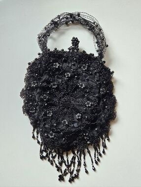 Lisa Toland Metal Lace Mesh Floral Beaded Mini Handbag Clutch Black Woven